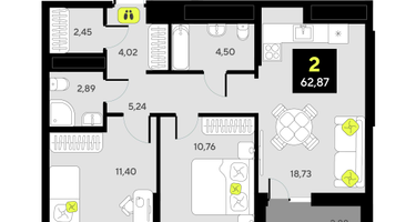 2-к. квартира, 62&nbsp;м²
