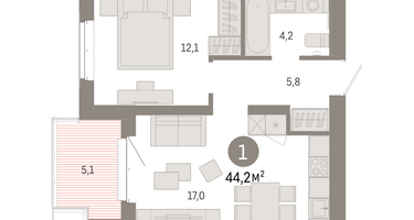 1-к. квартира, 43&nbsp;м²