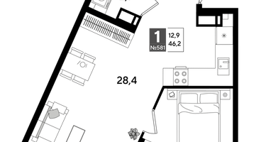 1-к. квартира, 45&nbsp;м²