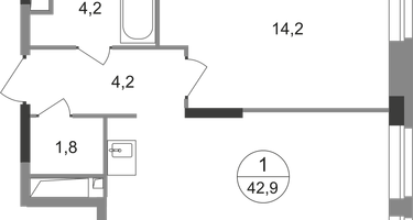 1-к. квартира, 42&nbsp;м²