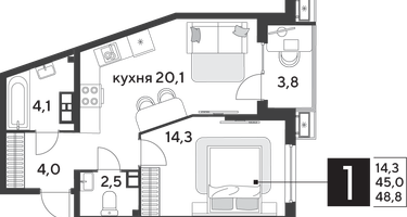 1-к. квартира, 49 м²