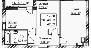 2-к. квартира, 42&nbsp;м²
