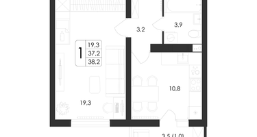 1-к. квартира, 38 м²