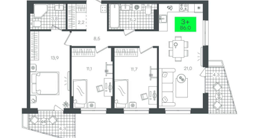 3-к. квартира, 86&nbsp;м²