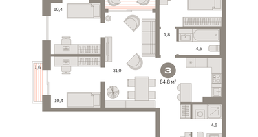 3-к. квартира, 85&nbsp;м²