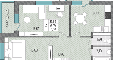 2-к. квартира, 61 м²