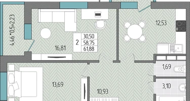2-к. квартира, 61&nbsp;м²
