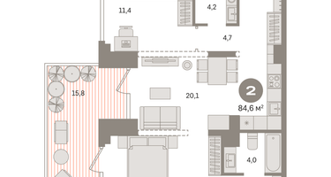 2-к. квартира, 84&nbsp;м²