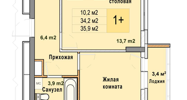 1-к. квартира, 35 м²