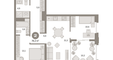 2-к. квартира, 76&nbsp;м²
