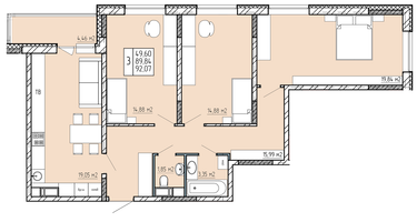 3-к. квартира, 92&nbsp;м²