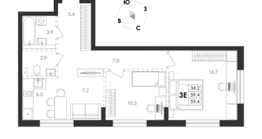 3-к. квартира, 59 м²
