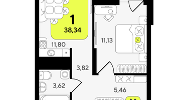 1-к. квартира, 38 м²