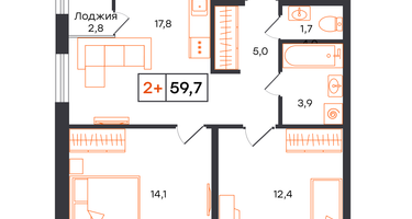 2-к. квартира, 59 м²