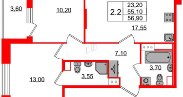 2-к. квартира, 55 м²