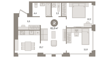 2-к. квартира, 61&nbsp;м²