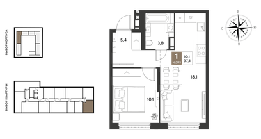 1-к. квартира, 37 м²