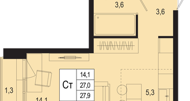 1-к. квартира, 27&nbsp;м²
