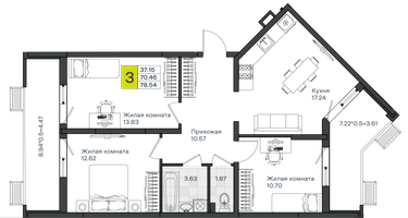 3-к. квартира, 78&nbsp;м²