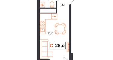 Студия, 28 м²