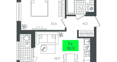 1-к. квартира, 38 м²