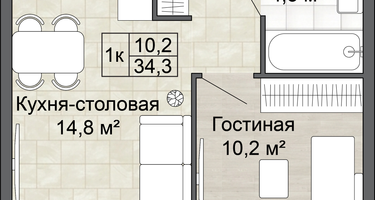 1-к. квартира, 34 м²