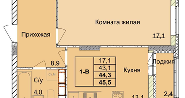 1-к. квартира, 42&nbsp;м²