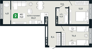 2-к. квартира, 73&nbsp;м²
