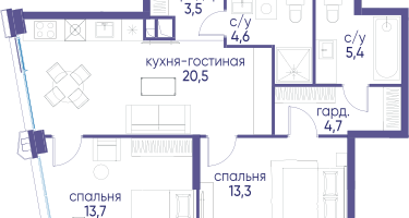 2-к. квартира, 65&nbsp;м²