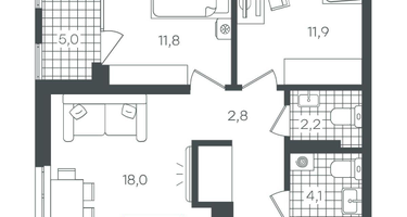 2-к. квартира, 60 м²