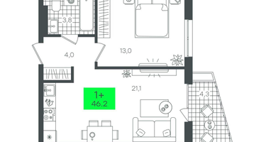 1-к. квартира, 46&nbsp;м²