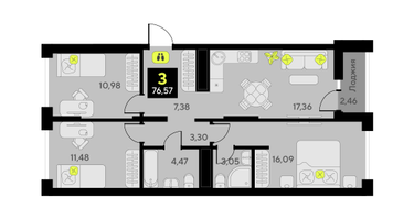 3-к. квартира, 76 м²