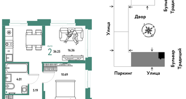 2-к. квартира, 36&nbsp;м²