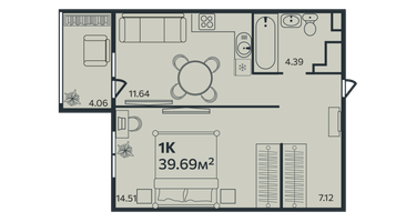 1-к. квартира, 39&nbsp;м²