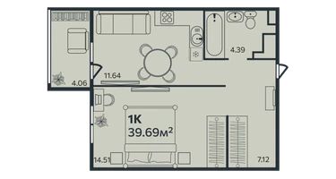 1-к. квартира, 39&nbsp;м²