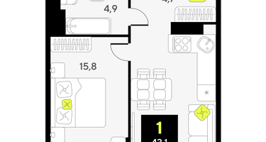 1-к. квартира, 43&nbsp;м²
