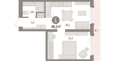 1-к. квартира, 46&nbsp;м²