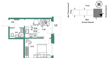 2-к. квартира, 33&nbsp;м²