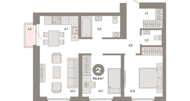 2-к. квартира, 64 м²