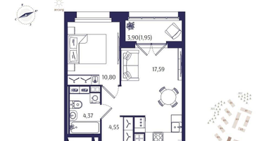 1-к. квартира, 39 м²