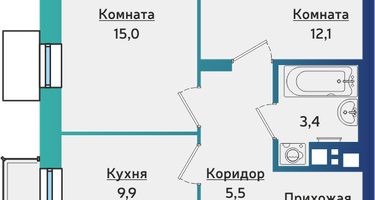 2-к. квартира, 52&nbsp;м²
