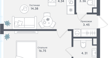 1-к. квартира, 46&nbsp;м²