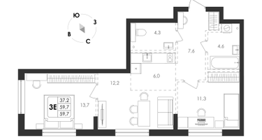 3-к. квартира, 59 м²
