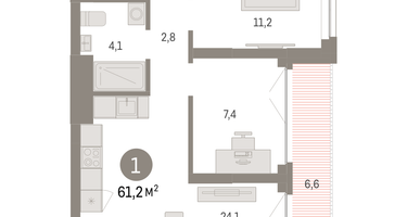 1-к. квартира, 61&nbsp;м²