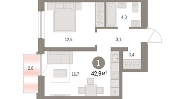 1-к. квартира, 42&nbsp;м²