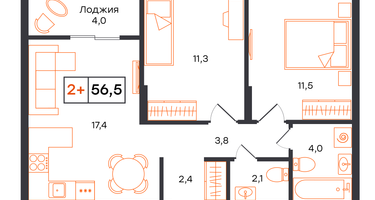2-к. квартира, 56&nbsp;м²