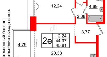 1-к. квартира, 44 м²