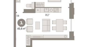 1-к. квартира, 45&nbsp;м²