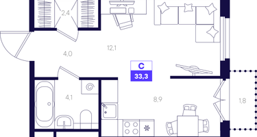 Студия, 33&nbsp;м²
