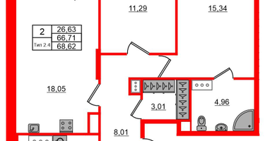 2-к. квартира, 66&nbsp;м²